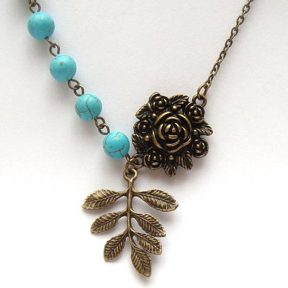 Antiqued Brass Leaf Flower Green Turquoise Necklace
