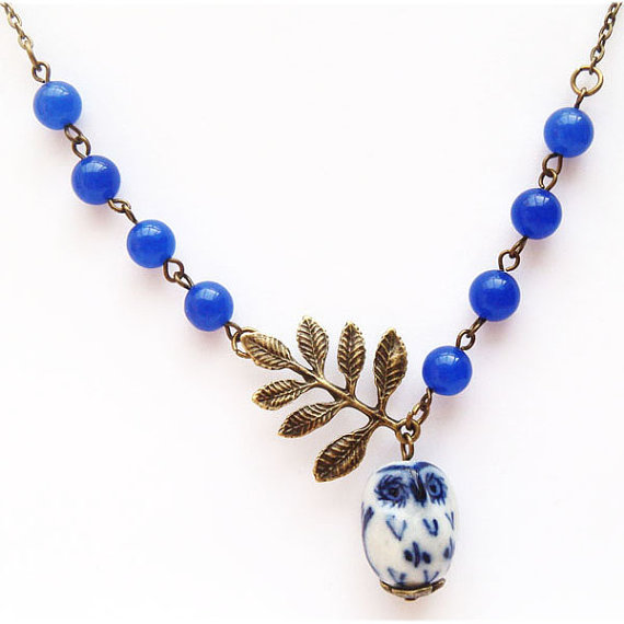 Antiqued Brass Leaf Blue Jade Porcelain Owl Necklace
