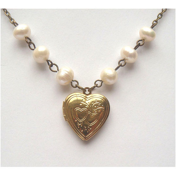 Antiqued Brass Heart Locket Fresh Water Pearl Necklace
