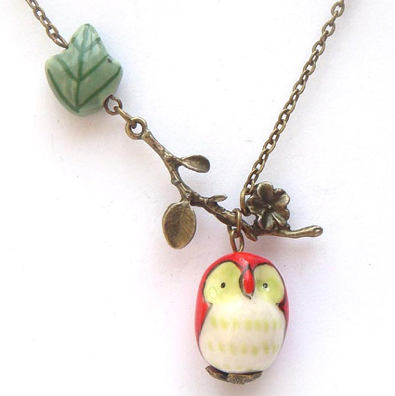 Antiqued Brass Branch Porcelain Owl Leaf Necklace