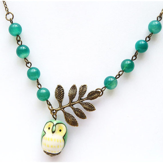 Antiqued Brass Leaf Green Agate Porcelain Owl Necklace