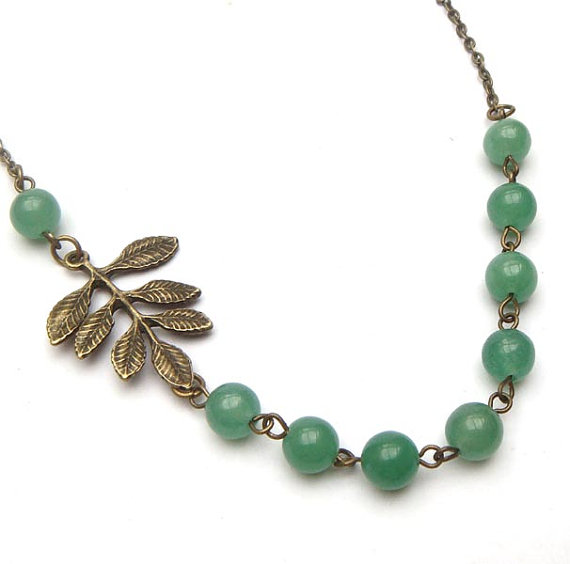 Antiqued Brass Leaf Green Jade Necklace