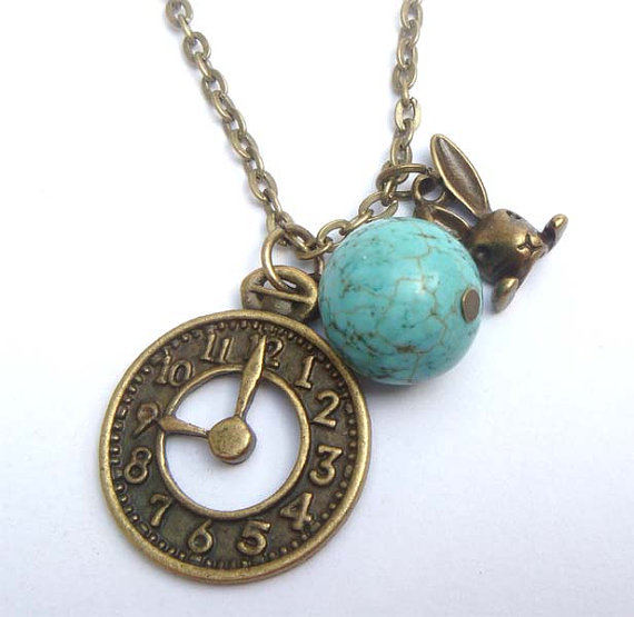 Antiqued Brass Clock Rabbit GreenTurquoise Necklace