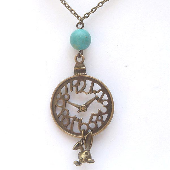 Antiqued Brass Clock Bunny Green Turquoise Necklace