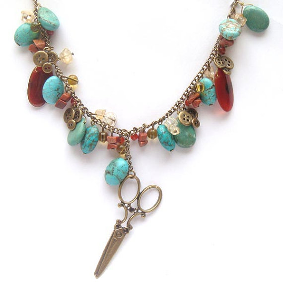 Antiqued Brass Scissor Button Turquoise Agate Gold Sand Stone Necklace