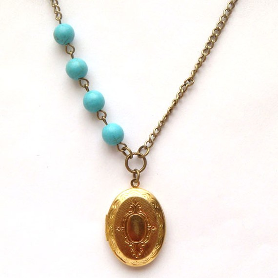 Antiqued Brass Locket Green Turquoise Necklace