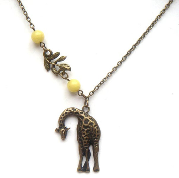 Antiqued Brass Leaf Giraffe Lemon Jade Necklace