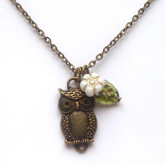 Antiqued Brass White Czech Glass Flower Owl Necklace