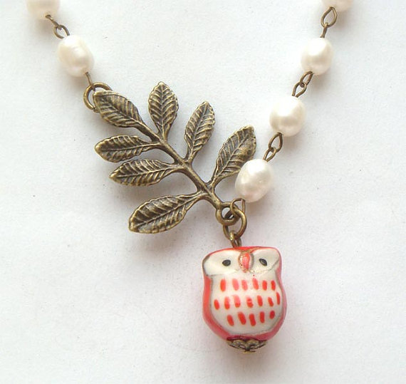 Antiqued Brass Leaf Pearl Porcelain Owl Necklace