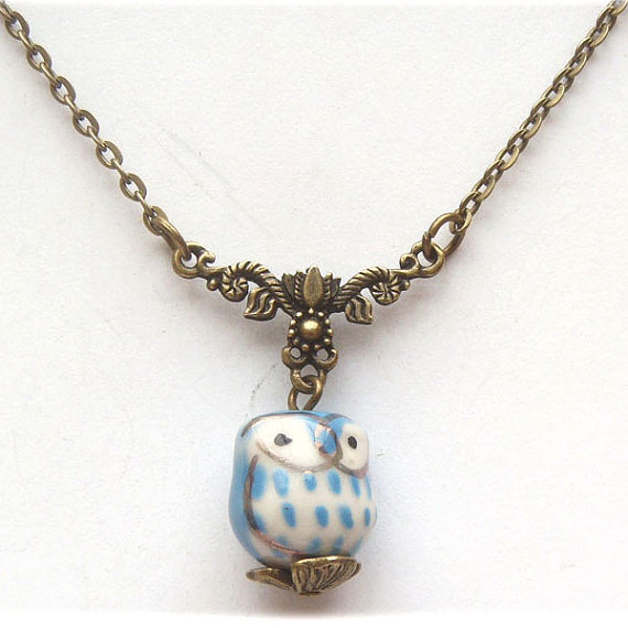 Antiqued Brass Branch Porcelain Owl Necklace
