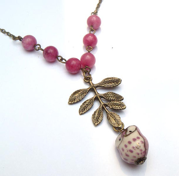 Antiqued Brass Leaf Purple Jade Porcelain Owl Necklace