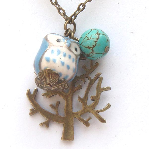 Antiqued Brass Tree Turquoise Quartz Porcelain Owl Necklace