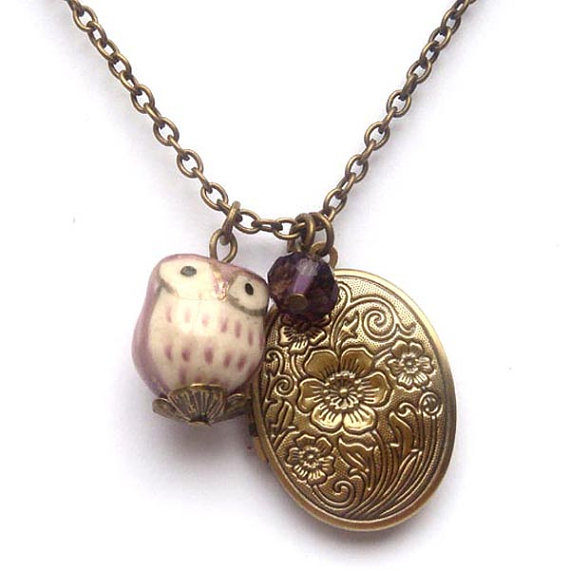 Antiqued Brass Locket Quartz Porcelain Owl Necklace
