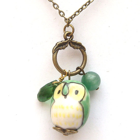 Antiqued Brass Green Quartz Jade Porcelain Owl Necklace
