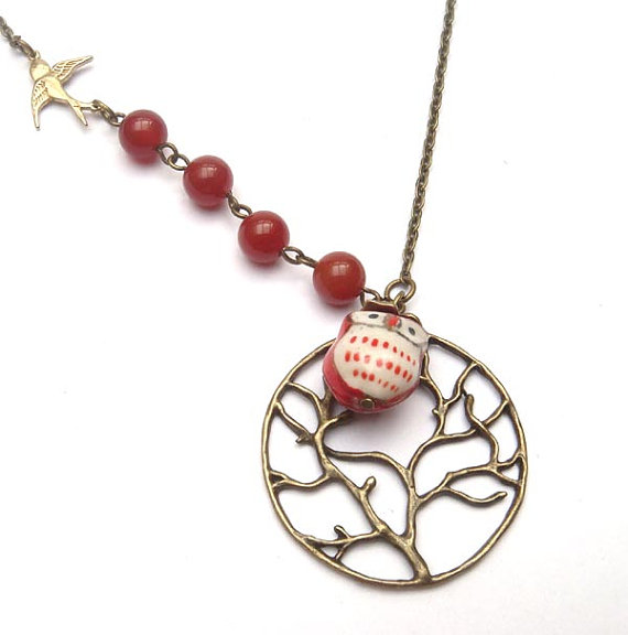 Antiqued Brass Tree Red Agate Porcelain Owl Necklace