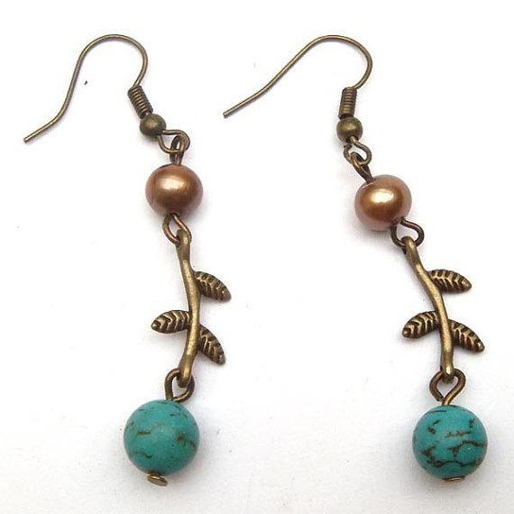 Antiqued Brass Leaf Pearl Turquoise Earrings