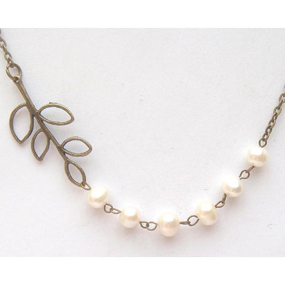 Antiqued Brass Leaf Fresh Water White Pearl Necklace