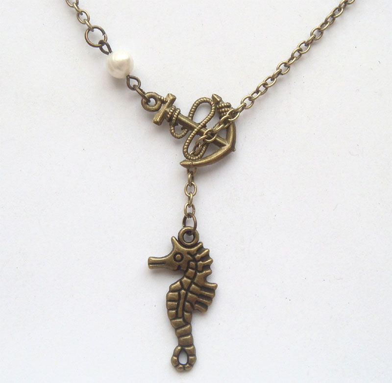 Antiqued Brass Anchor Seahorse Pearl Lariat Necklace