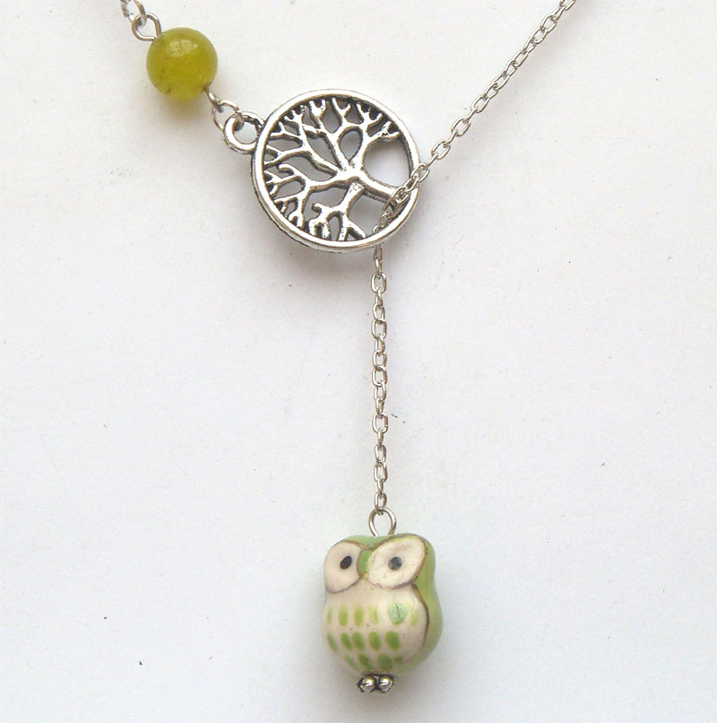 Silver Tree Jade Porcelain Owl Lariat Necklace