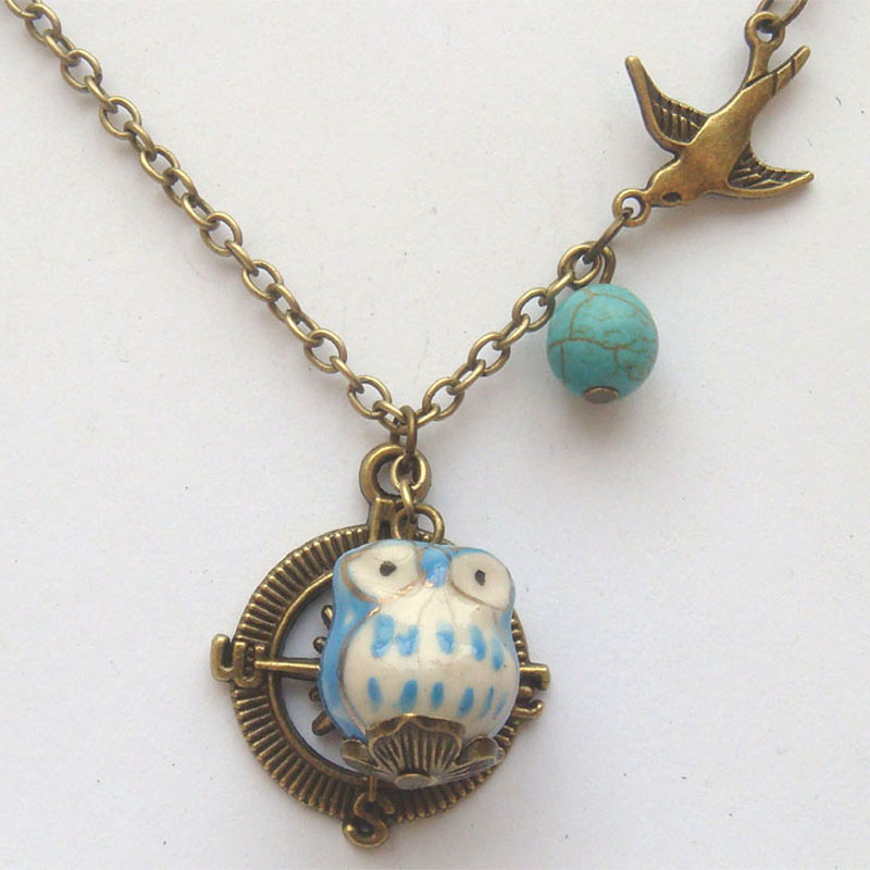 Antiqued Brass Compass Bird Turquoise Porcelain Owl Necklace