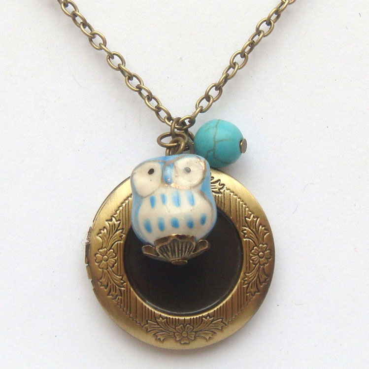 Antiqued Brass Locket Turquoise Porcelain Owl Necklace