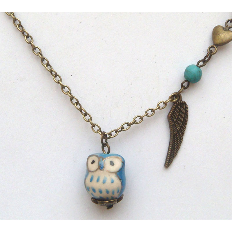 Antiqued Brass Wing Heart Turquoise Porcelain Owl Necklace
