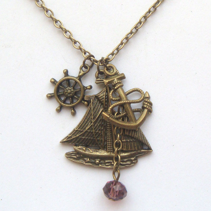 Antiqued Brass Helm Anchor Boat Quartz Necklace