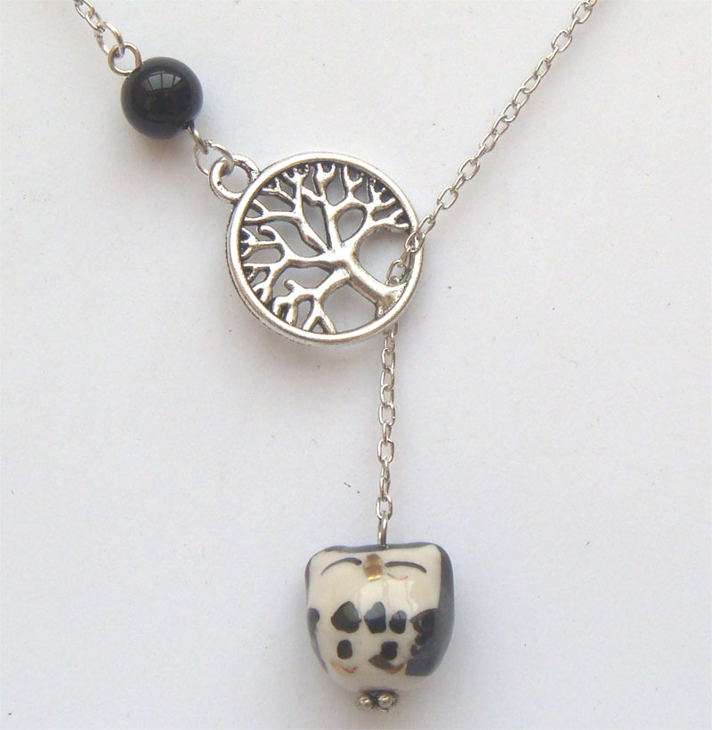 Silver Tree Black Agate Porcelain Owl Lariat Necklace