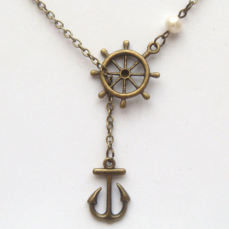 Antiqued Brass Helm Anchor Pearl Lariat Necklace