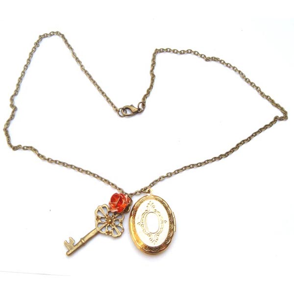 Antiqued Brass Flower Key Locket Necklace on Luulla