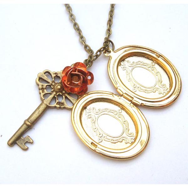 Antiqued Brass Flower Key Locket Necklace on Luulla