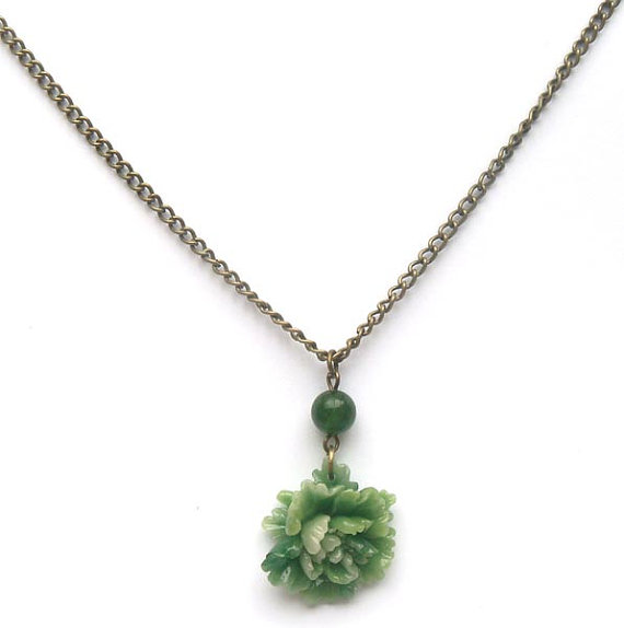 Antiqued Brass Flower Jade Necklace on Luulla